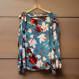 Belle Sky XL Floral Blouse Teal Blue Long Sleeve Tie Shoulder Flowy Top